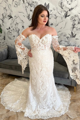 White Strapless Mermaid Lace Long Wedding Dress with Detachable Sleeves