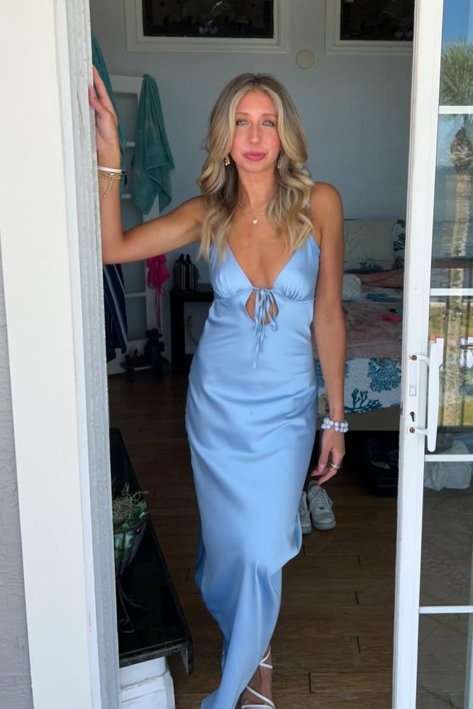 Sexy Blue Spaghetti Straps Mermaid Satin Prom Dress with Slit
