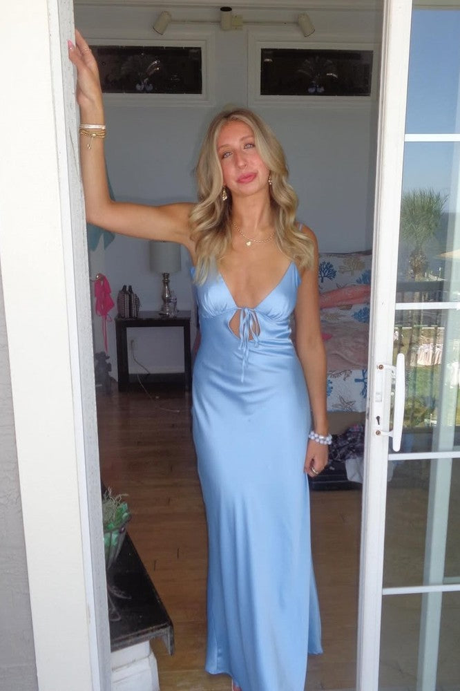 Sexy Blue Spaghetti Straps Mermaid Satin Prom Dress with Slit
