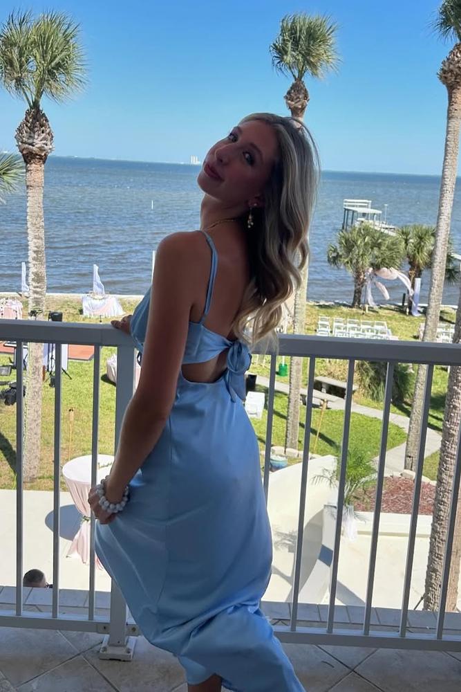 Sexy Blue Spaghetti Straps Mermaid Satin Prom Dress with Slit