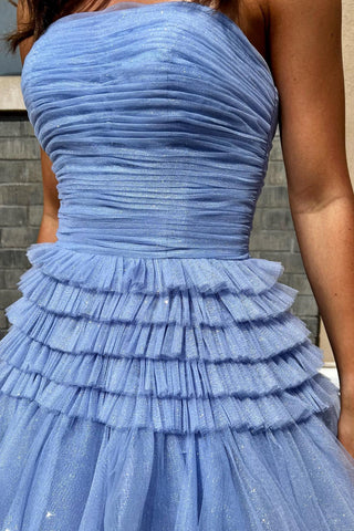 Lavender Strapless Tulle Multi-Layers Long Prom Dress with Slit