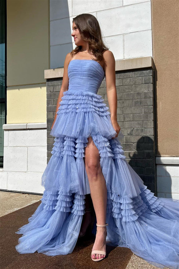 Deep V Neck Blue Beaded Appliques Multi Layers Long Prom Dress, Multi Layers Long Formal Lace Evening Dresses main image 1