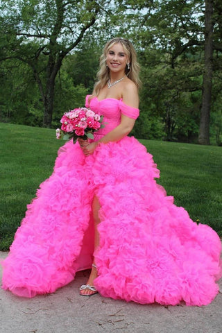 Hot Pink A-line Off-the-Shoulder Ruffle Layers Boning Long Prom Gown