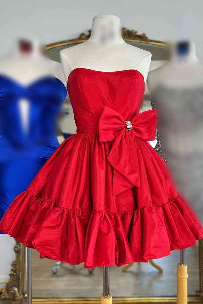 Rotes trägerloses A-Linien-Homecoming-Kleid mit seitlicher Schleife