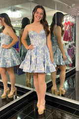 Pink Floral Print A-Line Short Homecoming Dress