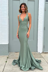 Eucalyptus Mermaid Deep V Neck Straps Long Prom Dress