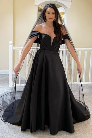 Unique Black Off-the-Shoulder A-Line Wedding Dress