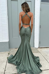 Eucalyptus Mermaid Deep V Neck Straps Long Prom Dress