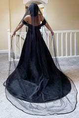 Unique Black Off-the-Shoulder A-Line Wedding Dress