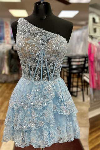 Light Blue Sequin-Embroidery One-Shoulder Tiered A-Line Homecoming Dress
