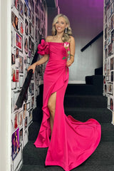 Elegant One Shoulder Fuchsia Evening Long Dress with Slit