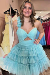 Light Blue One Shoulder A-Line Short Homecoming Dress