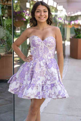 Pink Floral Print A-Line Short Homecoming Dress