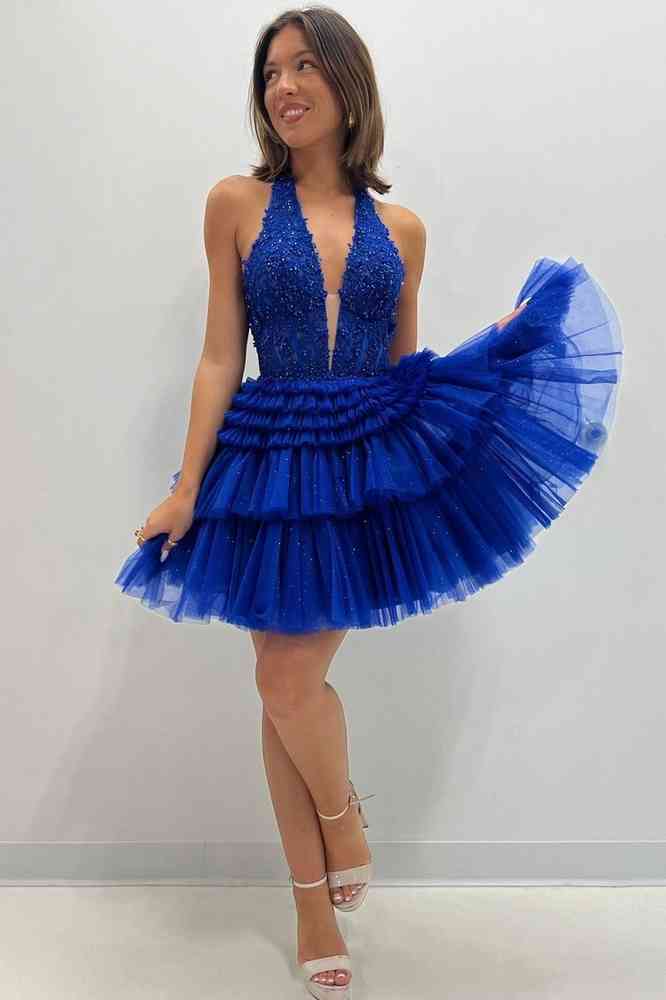 Halter A-Line Ruffle Tiered Short Homecoming Dress