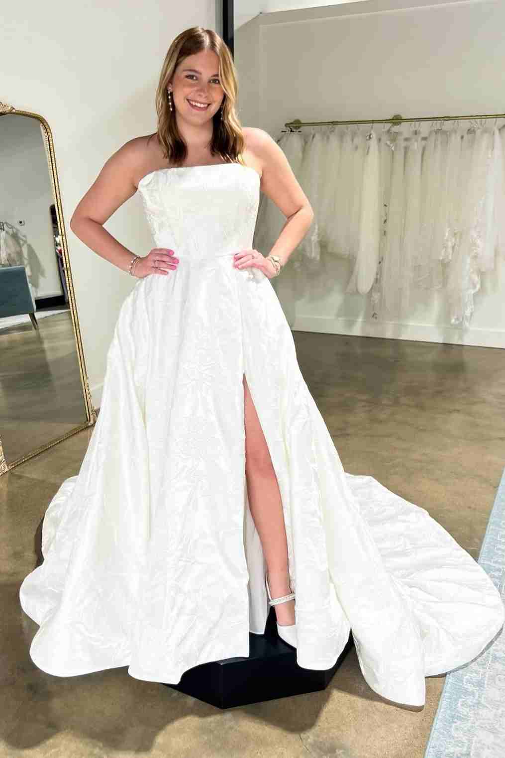Minimalist Strapless A-Line Slit Long Wedding Dress with Bow