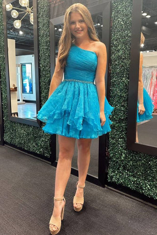 One Shoulder Ruffle Short Homecoming Dress with Rhinestone