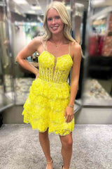 Yellow Sequins A-Line Tiered Short Homecoming Dress