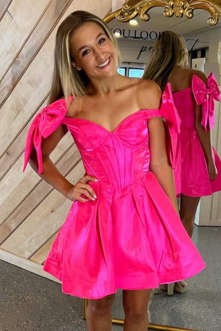 Fuchsia Bowknot Off the Shoulder Satin Short Homecoming Dress