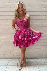 Magenta Keyhole A Line Ruffle Short Homecoming Dress