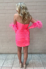 Strapless Bodycon Pleat Short Mini Dress with Feather Gloves