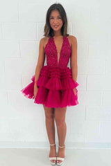 Halter A-Line Ruffle Tiered Short Homecoming Dress