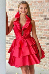 Red Halter Neck A-Line Ruffle Short Party Dress