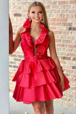 Red Halter Neck A-Line Ruffle Short Party Dress