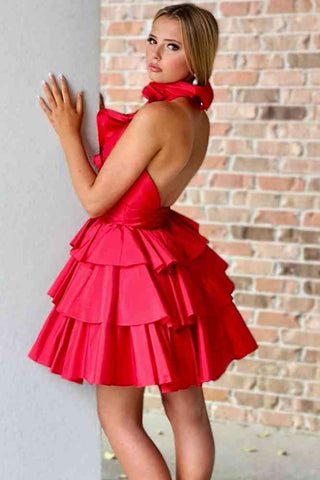 Red Halter Neck A-Line Ruffle Short Party Dress