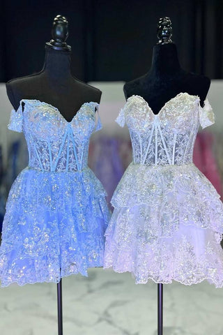 Light Blue Sequins Off the Shoulder A-Line Short Homecoming Dress