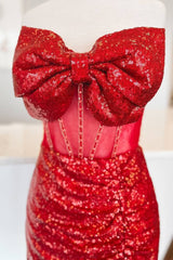 Red Bow Strapless Bodycon Sequins Homecoming Dress