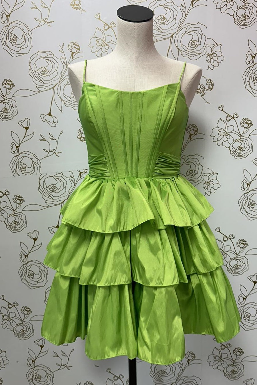 A Line Corset Lime Green Pleated Tiered Short Homecoming Dress