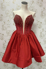 Red Plunging V Neck A-Line Homecoming Dress with Rhinestones