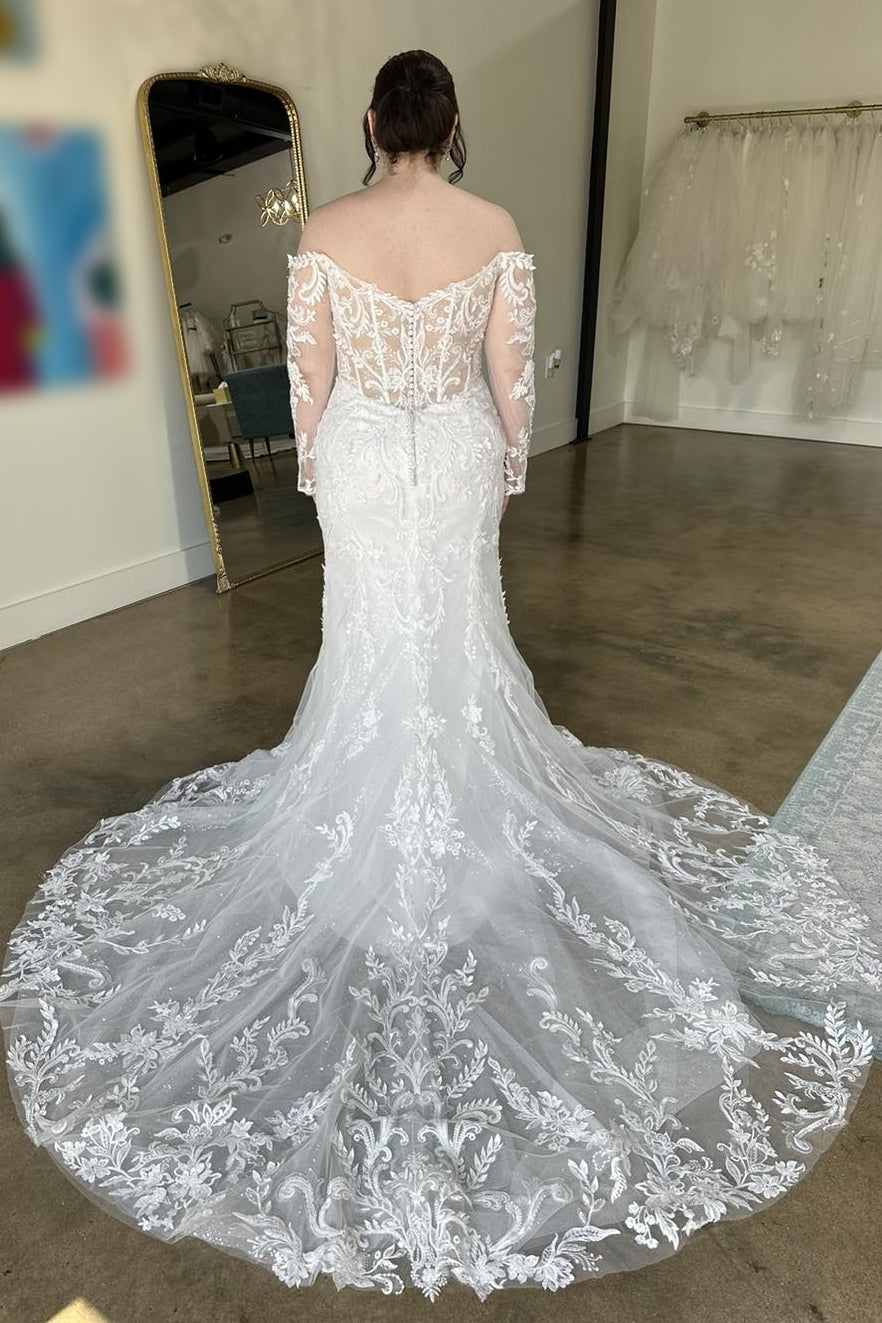 Ätherisches weißes schulterfreies Meerjungfrau-Spitzen-Brautkleid