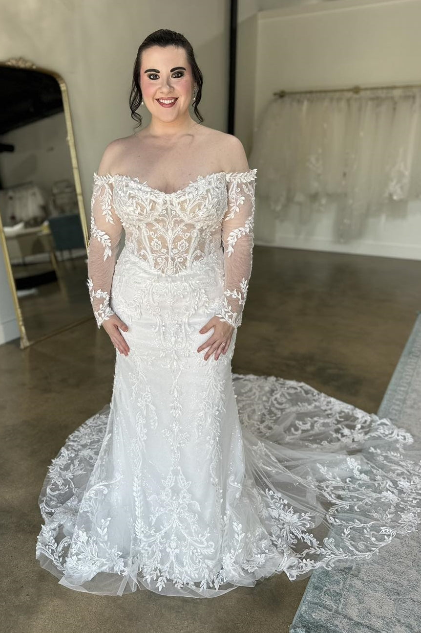 Ätherisches weißes schulterfreies Meerjungfrau-Spitzen-Brautkleid