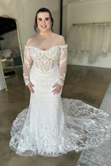 Ethereal White Off the Shoulder Mermaid Lace Long Wedding Dress