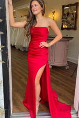 Red Strapless Sheath Lace-Up Long Dress with Slit