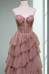 Dusty Pink Sweetheart Lace Applique Layered Prom Dress with Slit