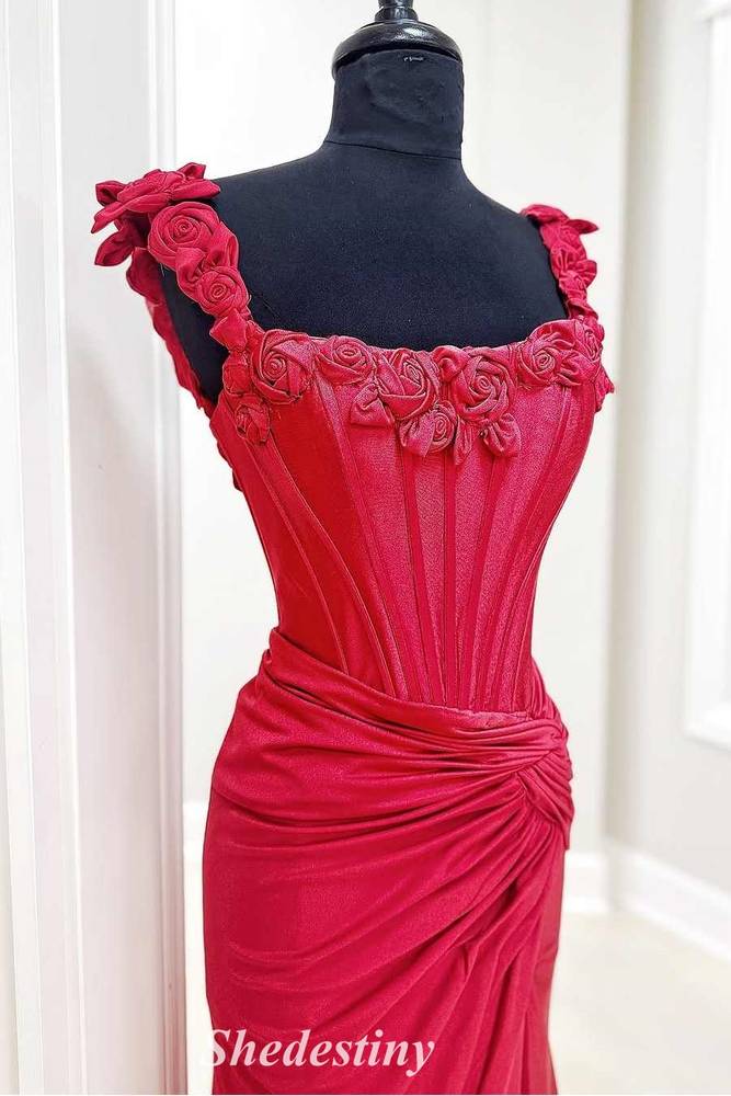 Rosette Straps Red Pleated Mermaid Prom Dress with High Slit