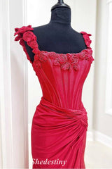 Rosette Straps Red Pleated Mermaid Prom Dress with High Slit