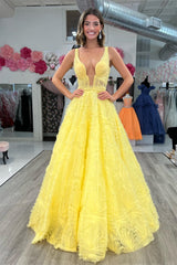 Yellow A-line Plunging V Neck Lace-Up Ruffles Long Prom Dress