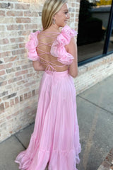 Magenta Ruffles Lace-Up Back A-Line Prom Dress