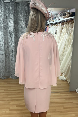 Dusky Pink Chiffon Applique V-Neck Mother of the Groom Dress with Cape