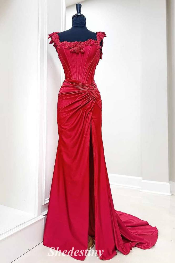 Rosette Straps Red Pleated Mermaid Prom Dress with High Slit
