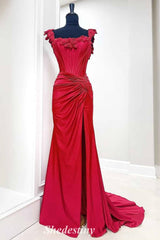 Rosette Straps Red Pleated Mermaid Prom Dress with High Slit