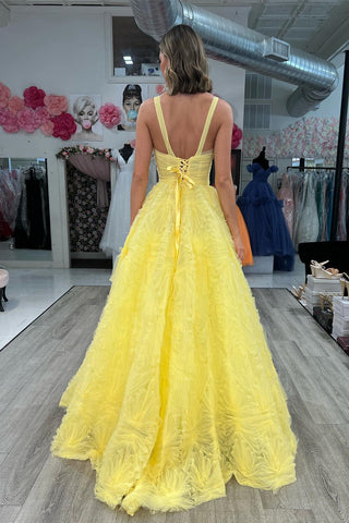 Yellow A-line Plunging V Neck Lace-Up Ruffles Long Prom Dress