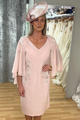 Dusky Pink Chiffon Applique V-Neck Mother of the Groom Dress with Cape