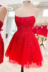 Hot Pink Appliques Strapless A-Line Short Homecoming Dress