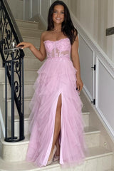 Gentle Tulle Pink Strapless Layered Prom Dress with Applique