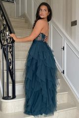 Gentle Tulle Teal Strapless Layered Prom Dress with Applique