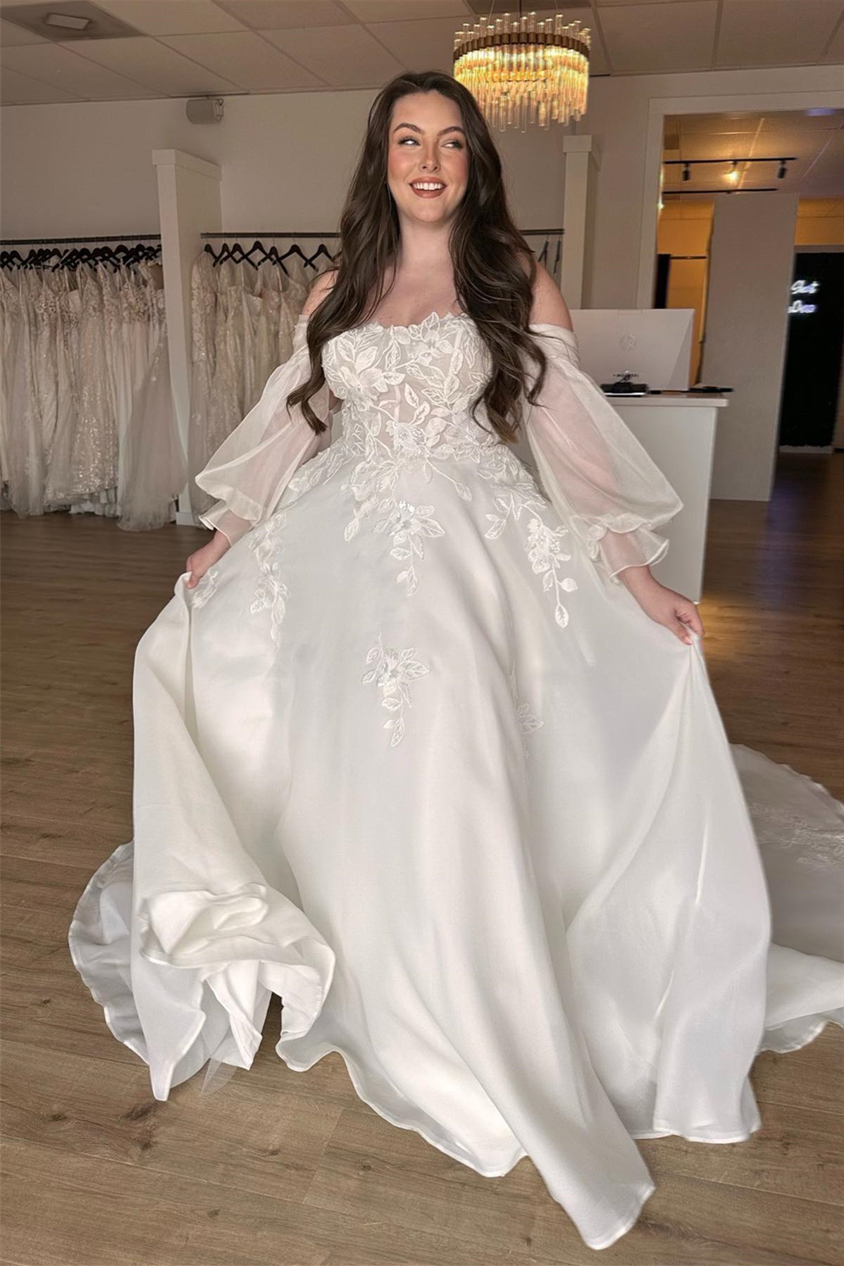 White Off-the-Shoulder Illusion Sleeves Appliques Chiffon Long Wedding Dress